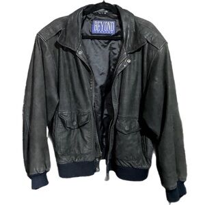 Vintage Beyond Leather Black Bomber Flight Jacket Sz L Aviator Biker Grunge Moto